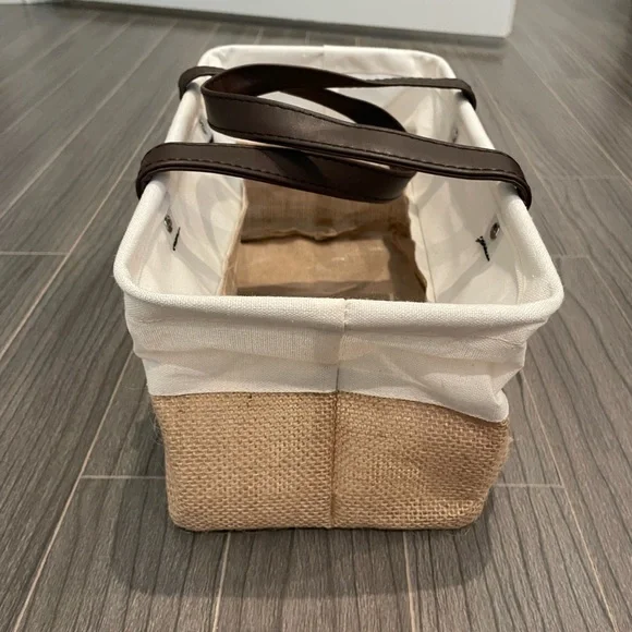White and Tan Canvas Gift Tote with faux Brown Leather Handles - Picture 3 of 7